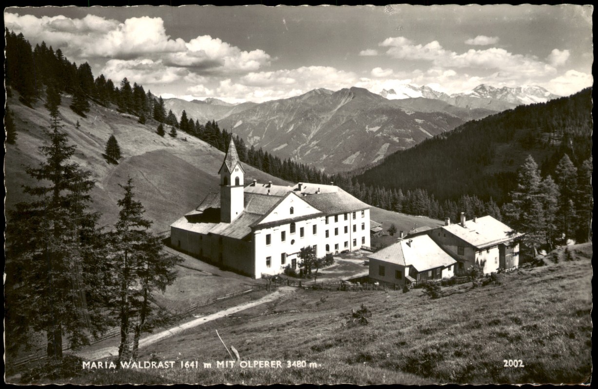 zoom: Image side vintage Postcard from 1961: Kloster Maria Waldrast mit Olperer:: Maria Waldrast-Matrei am Brenner