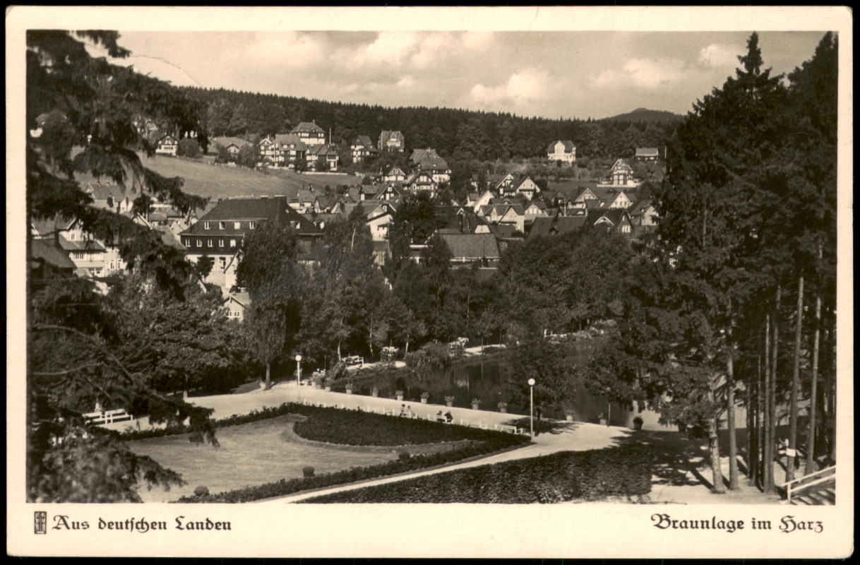 zoom: Image side vintage Postcard from 1936: Kurpark und Villenviertel am Jermerstein:: Braunlage