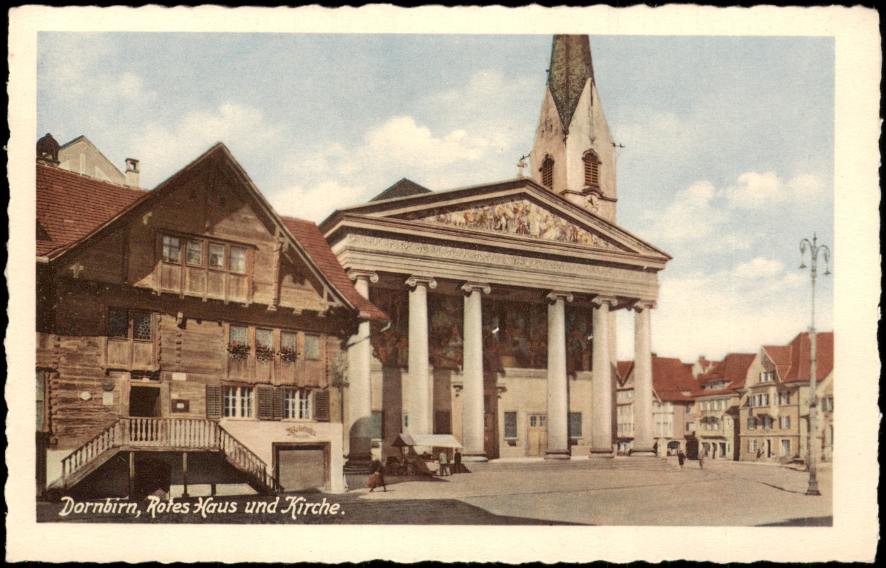 zoom: Image side vintage Postcard from 1940: Rotes Haus und Kirche:: Dornbirn