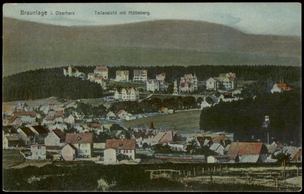 vergrößern: Bildseite historische Ansichtskarte von 1910: Teilansicht mit Hütteberg:: Braunlage
