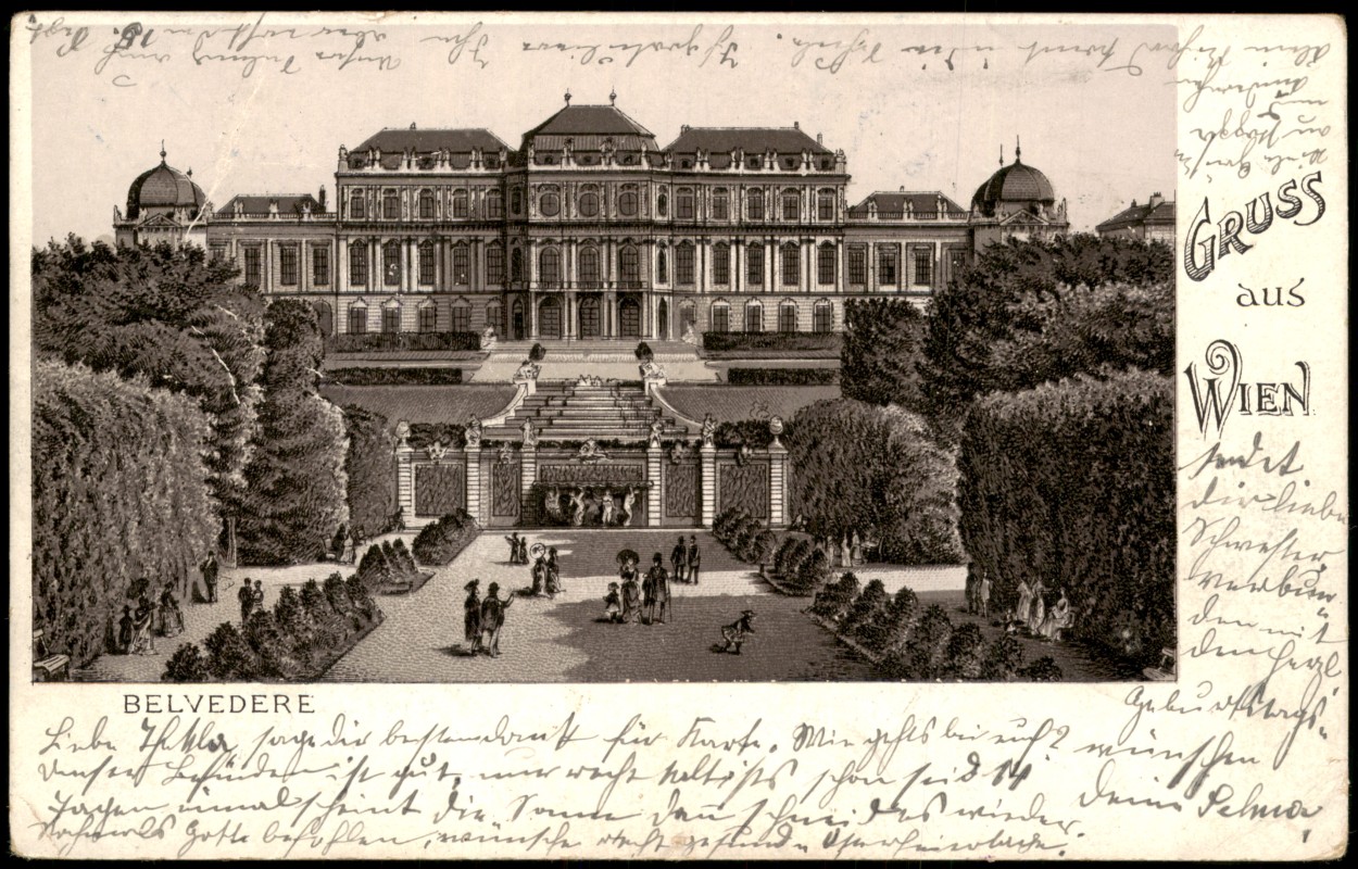 zoom: Image side vintage Postcard from 1906: Schloss Belvedere Gruss-Aus-Karte:: Vienna