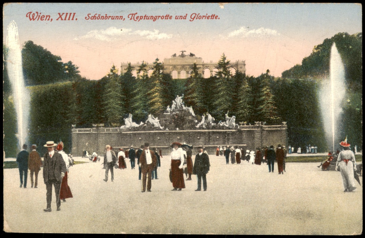 zoom: Image side vintage Postcard from 1918: Schönbrunn, Neptungrotte und Gloriette:: Hietzing-Vienna