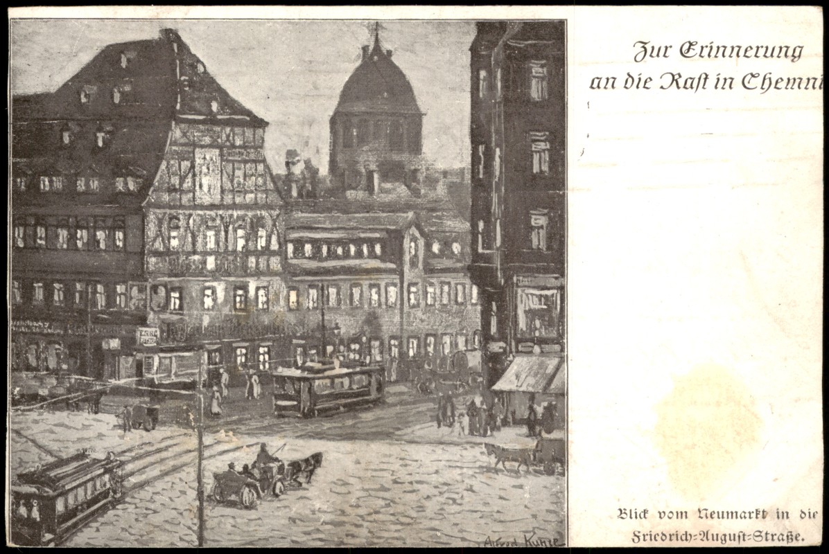 zoom: Image side vintage Postcard from 1915: Zur Erinnerung an die Rast (Künstler-Ansicht mit Tram):: Chemnitz