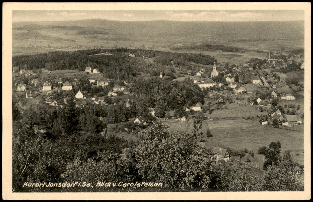 zoom: Image side vintage Postcard from 1951: Panorama-Ansicht Blick v. Carolafelsen:: Jonsdorf
