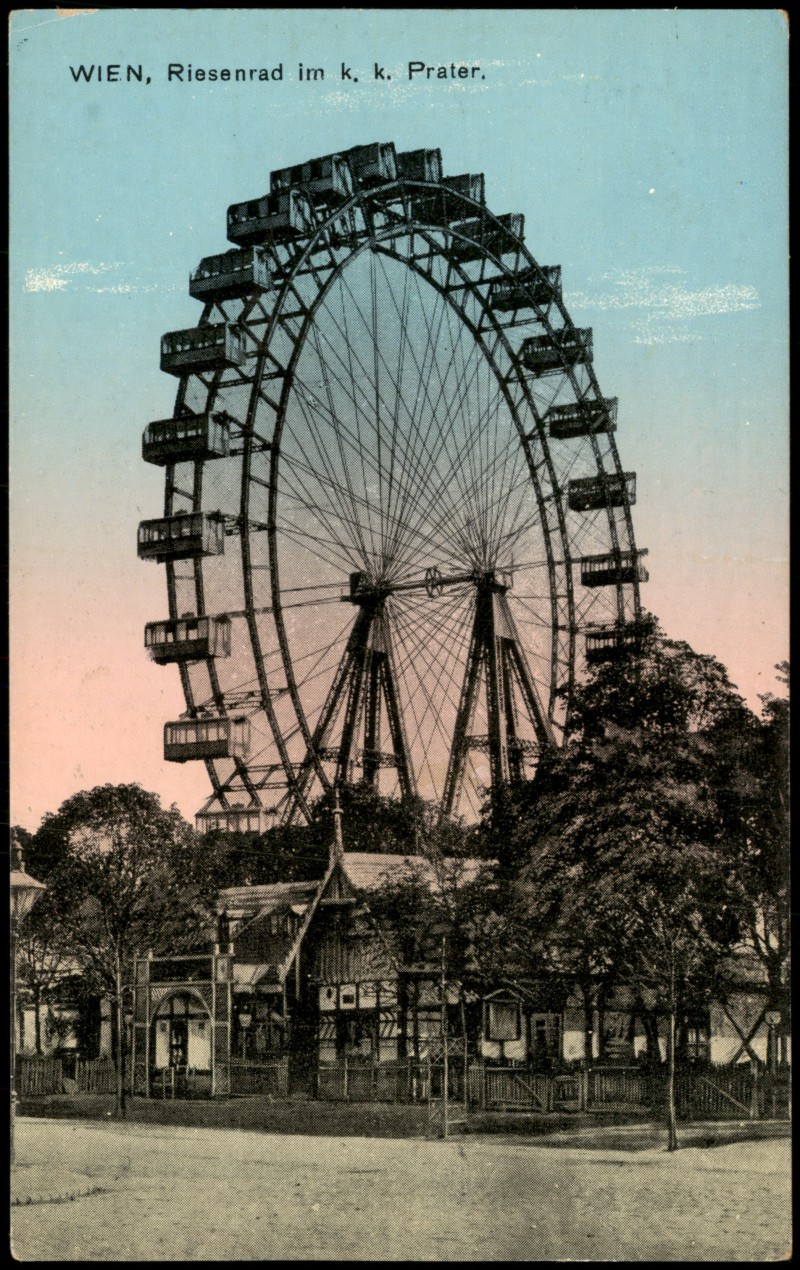 vergrößern: Bildseite historische Ansichtskarte von 1910: Riesenrad im k. k. Prater:: Prater-Wien