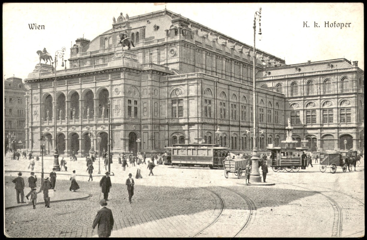 vergrößern: Bildseite historische Ansichtskarte von 1910: K. k. Hofoper, Tram Straßenbahn, Straßen-Kreuzung:: Wien