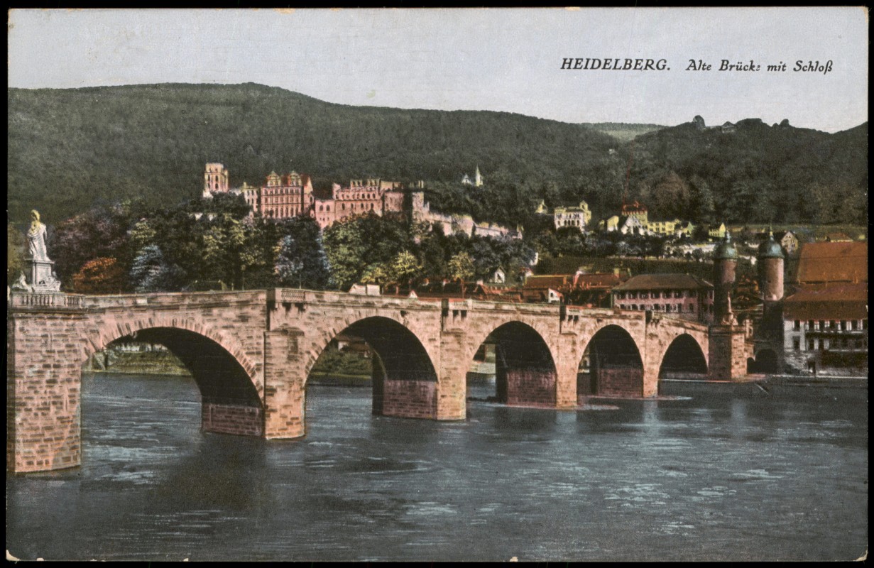zoom: Image side vintage Postcard from 1925: Alte Brücke mit Schloß Panorama-Ansicht:: Heidelberg