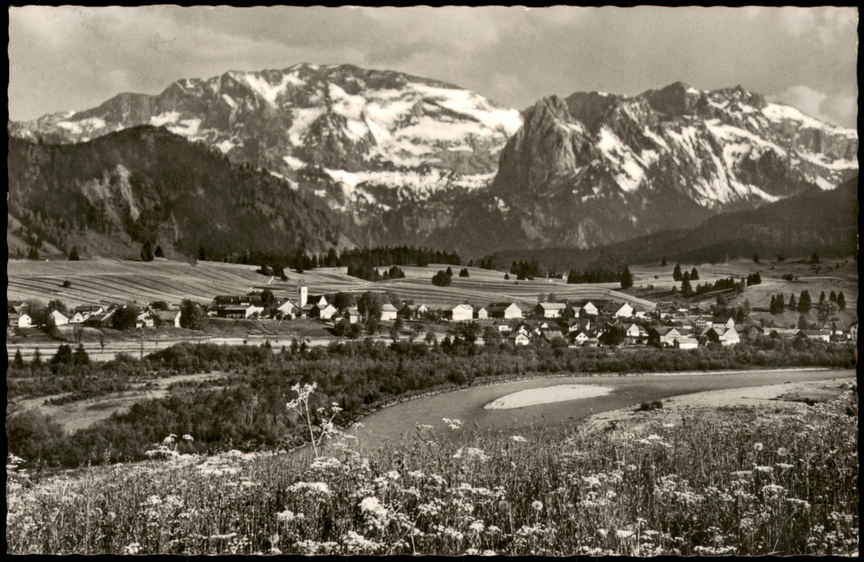 zoom: Image side vintage Postcard from 1966: Panorama-Ansicht bayr. Allgäu mit Berg-Ansichten:: Prem