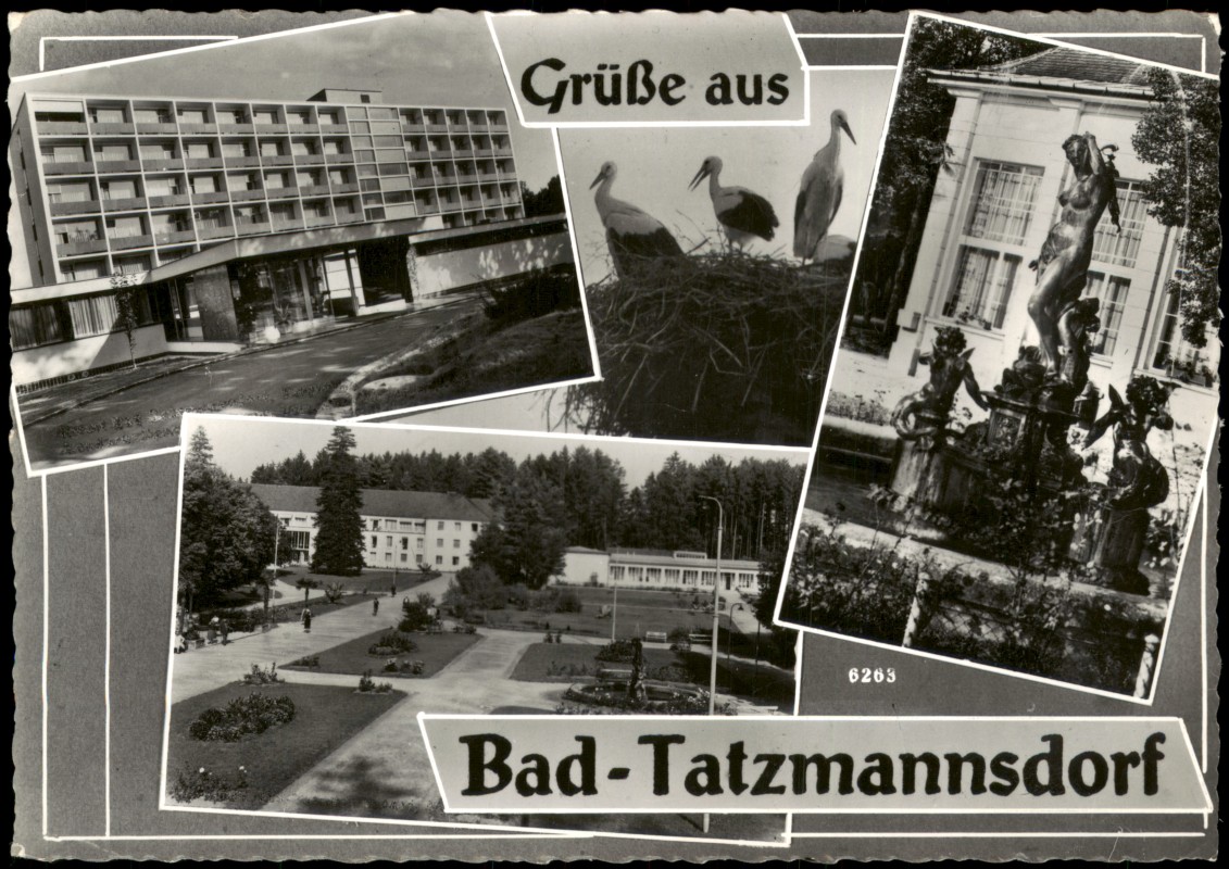 zoom: Image side vintage Postcard from 1970: Mehrbildkarte mit Kurpark und Kurhotel:: Tatzmannsdorf