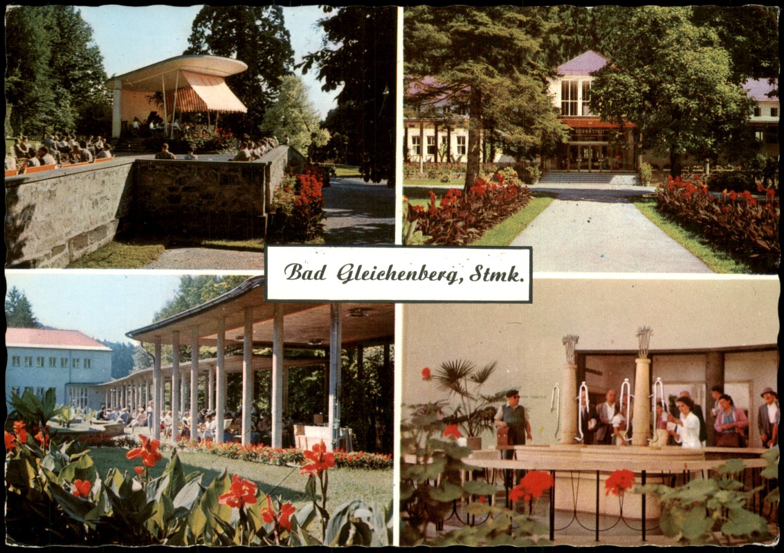 zoom: Image side vintage Postcard from 1970: Mehrbildkarte mit Kuranlagen, Musikpavillon, Wandelbahn und Trinkbrunnen:: Bad Gleichenberg