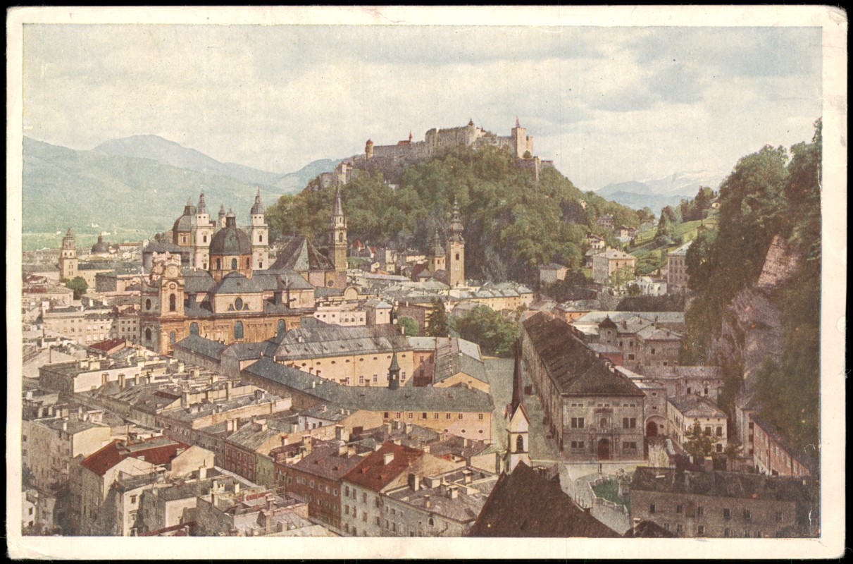 vergrößern: Bildseite historische Ansichtskarte von 1950: Blick vom Elektrischen Aufzug auf die Festung und Altstadt:: Salzburg