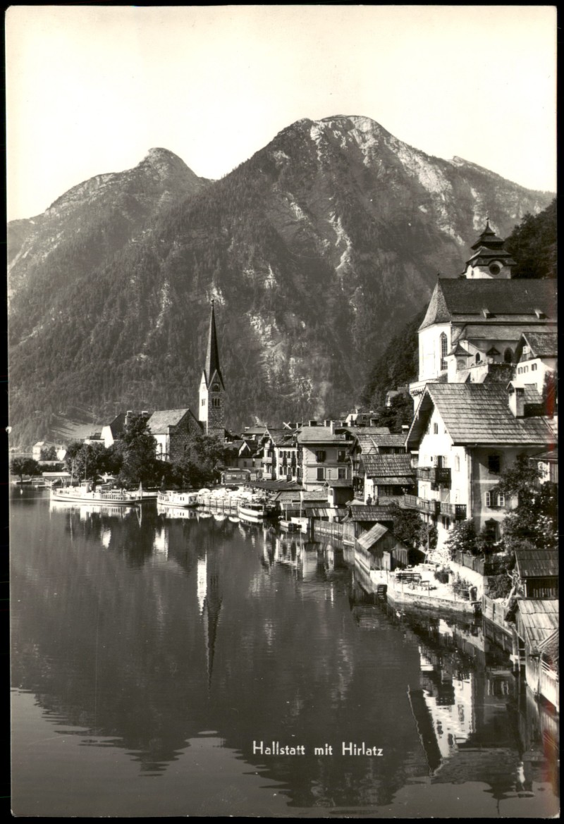 zoom: Image side vintage Postcard from 1955: Ortsansicht mit See und Bergen:: Hallstatt