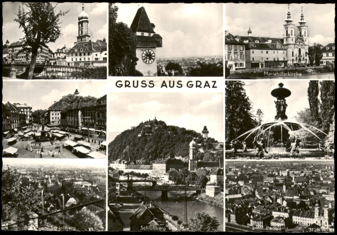zoom: Image side vintage Postcard from 1962: Mehrbildkarte Graz mit Uhrturm, Schloßberg und Stadtansichten:: Graz