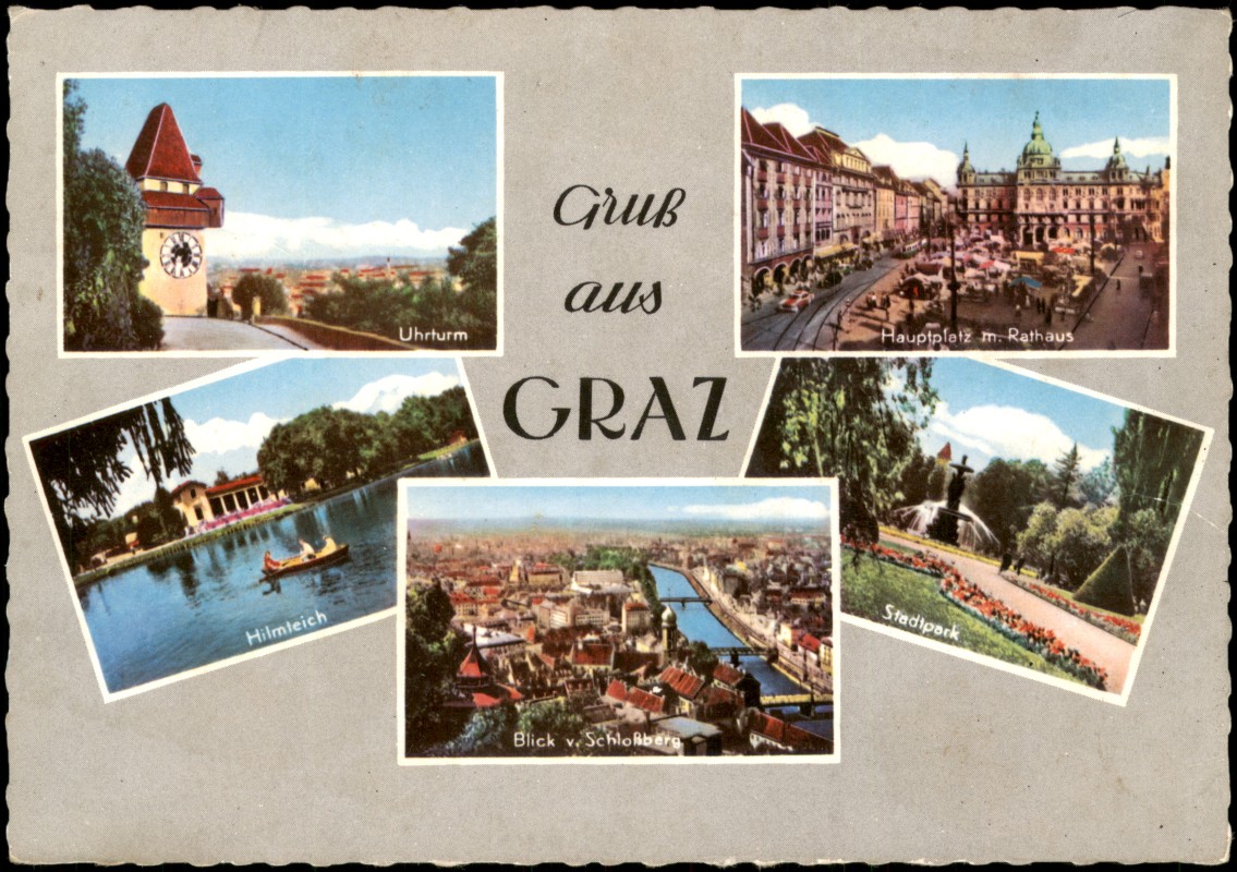 zoom: Image side vintage Postcard from 1966: MB mit Uhrturm, Hauptplatz, Hilmteich, Schloßbergblick und Stadtpark:: Graz