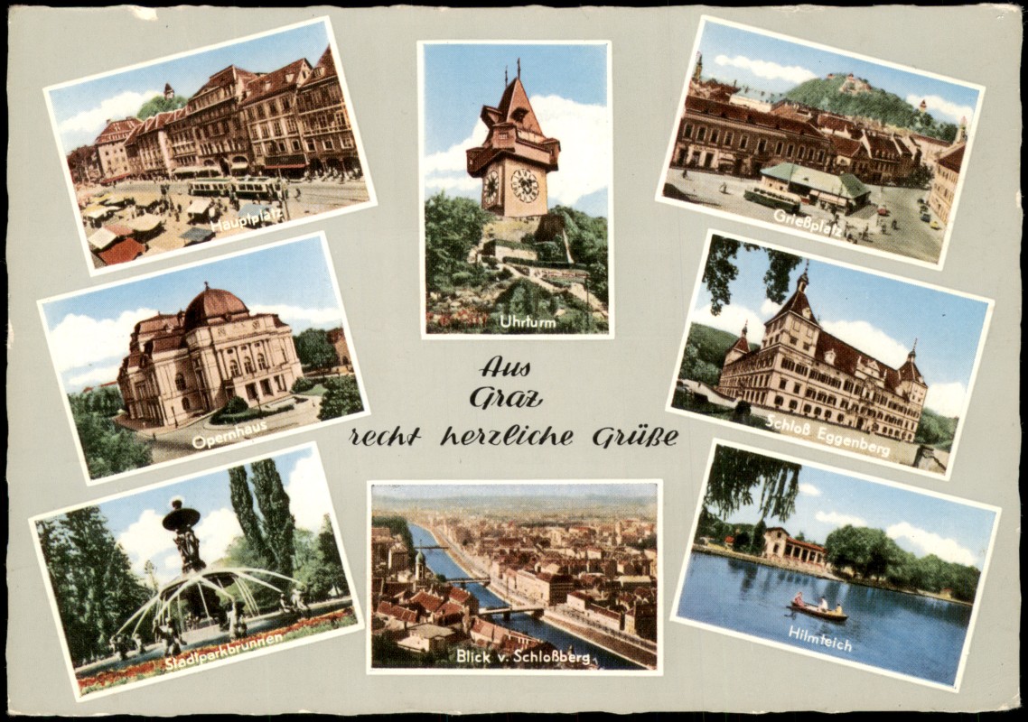 zoom: Image side vintage Postcard from 1954: MB mit Uhrturm, Hauptplatz, Opernhaus und weiteren Ansichten:: Graz