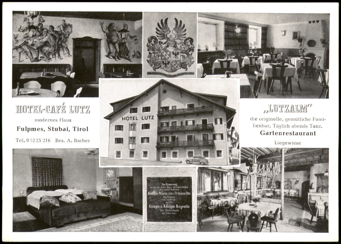 zoom: Image side vintage Postcard from 1965: Hotel-Café Lutz und Lutzalm:: Fulpmes