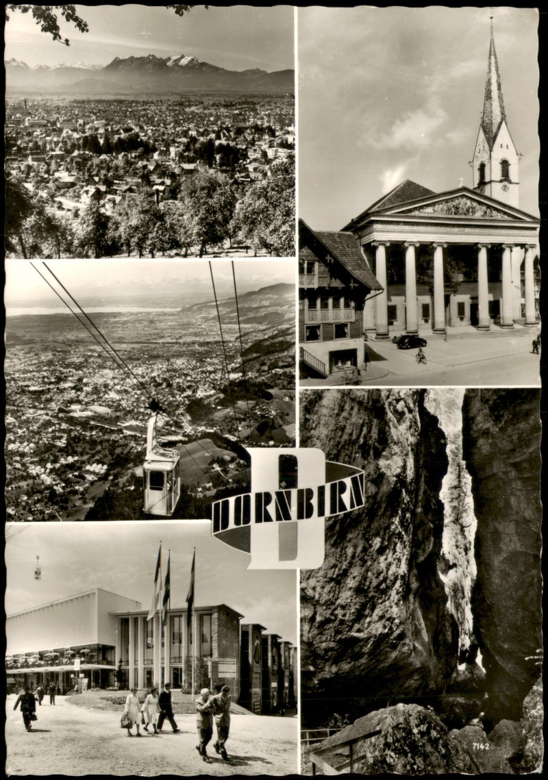 vergrößern: Bildseite historische Ansichtskarte von 1962: Mehrbildkarte Dornbirn mit Karrenseilbahn, Stadtpfarrkirche, Messe und Rappenlochschlucht:: Dornbirn