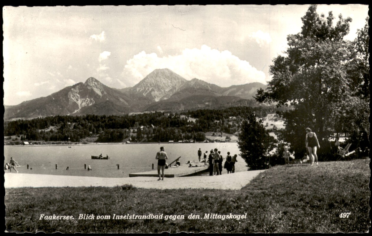 vergrößern: Bildseite historische Ansichtskarte von 1935: Faakersee - Blick vom Inselstrandbad gegen den Mittagskogel:: Faak am See