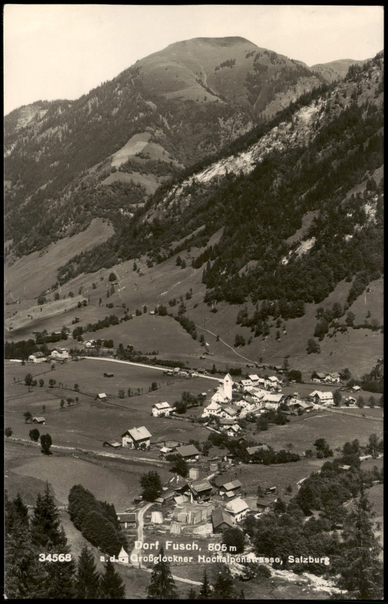 zoom: Image side vintage Postcard from 1939: Dorfansicht im Tal mit Bergen:: Fusch an der Großglocknerstraße