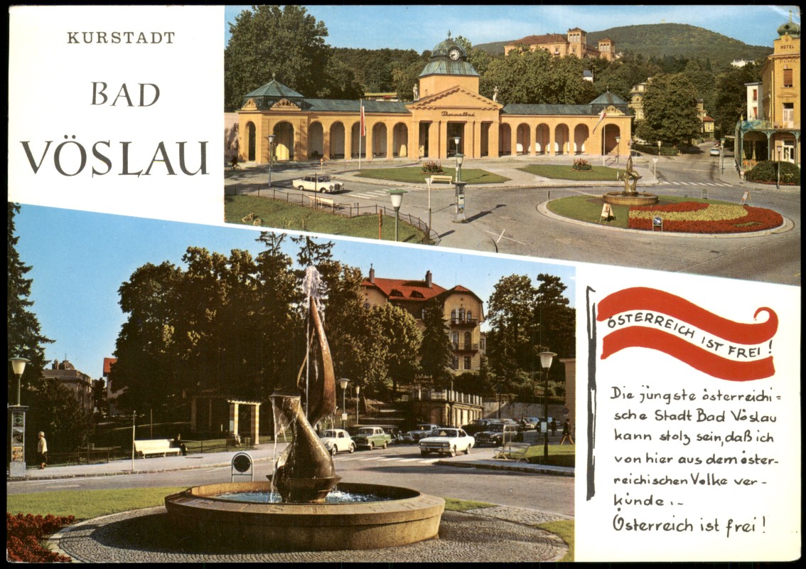 vergrößern: Bildseite historische Ansichtskarte von 1970: Thermalbad und Badplatz mit Freiheitsbrunnen:: Bad Füssing