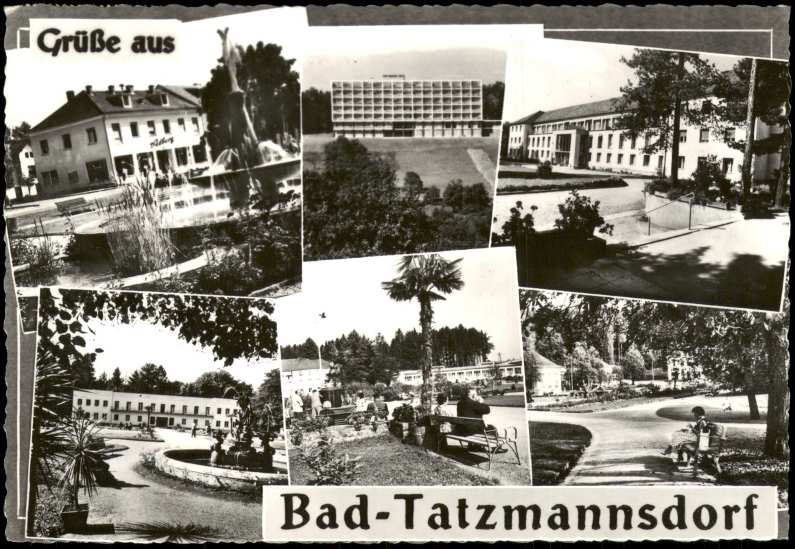 vergrößern: Bildseite historische Ansichtskarte von 1965: Mehrbildkarte mit Kuranlagen und Kurpark:: Tatzmannsdorf
