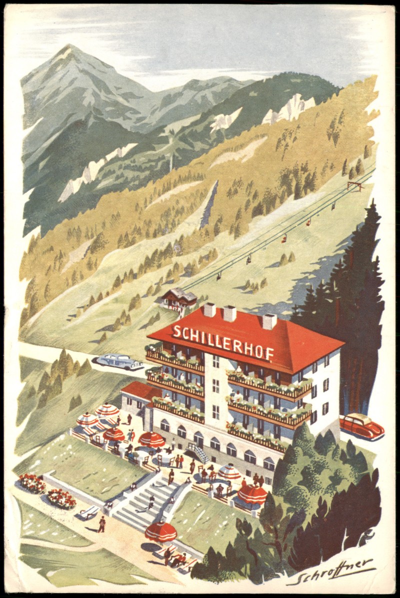 vergrößern: Bildseite historische Ansichtskarte von 1954: Hotel-Restaurant Schillerhof, Künstlerkarte:: Bad Gastein