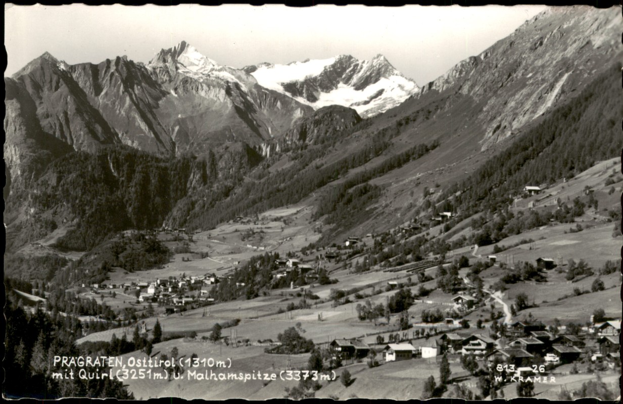 vergrößern: Bildseite historische Ansichtskarte von 1965: PRAGRATEN, Osttirol (1310m) mit Quirl (3251m) u. Malhamspitze (3373m):: Prägraten am Großvenediger