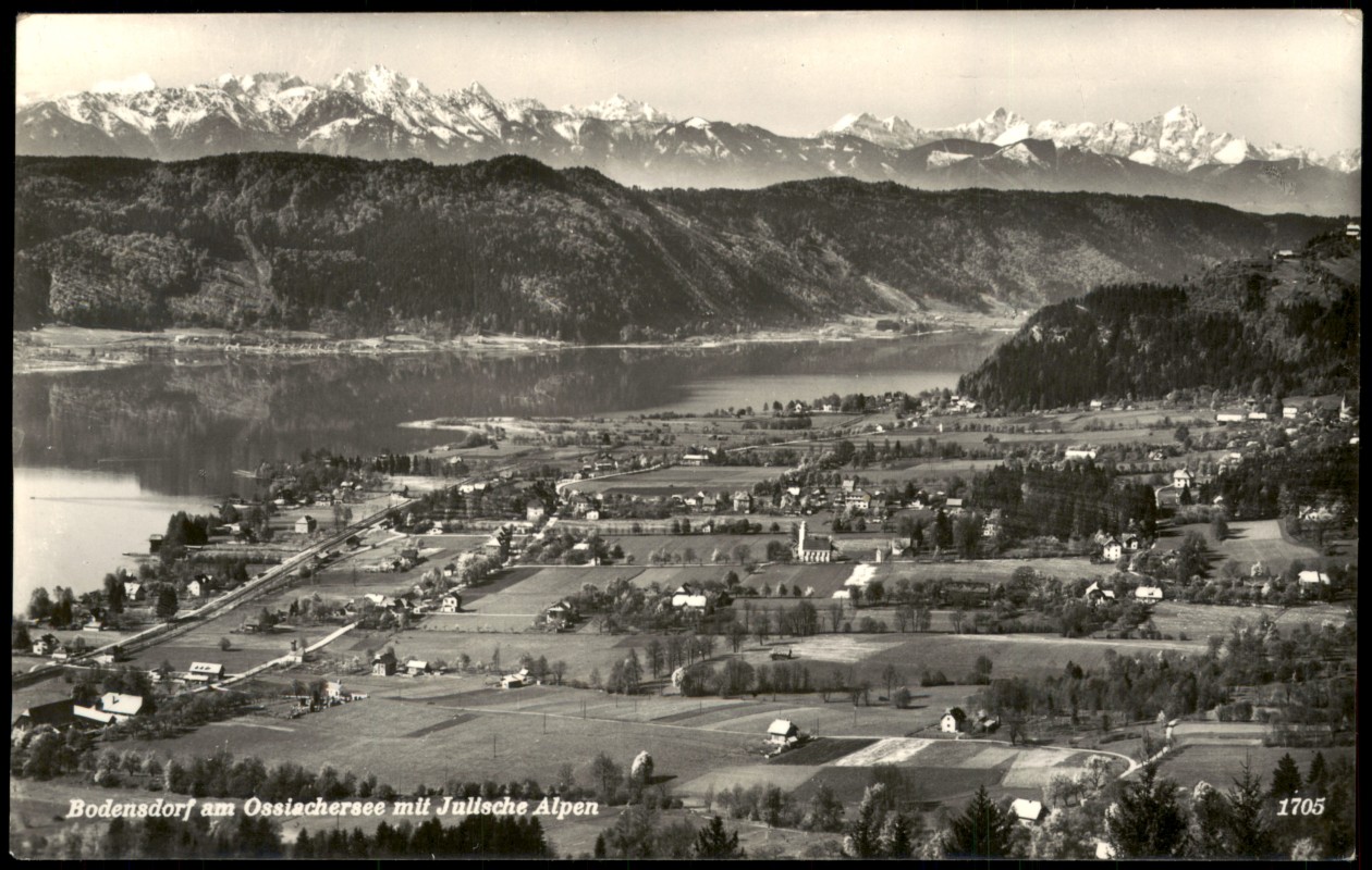 zoom: Image side vintage Postcard from 1930: Bodensdorf am Ossiachersee mit Julische Alpen Panorama:: Bodensdorf-Steindorf