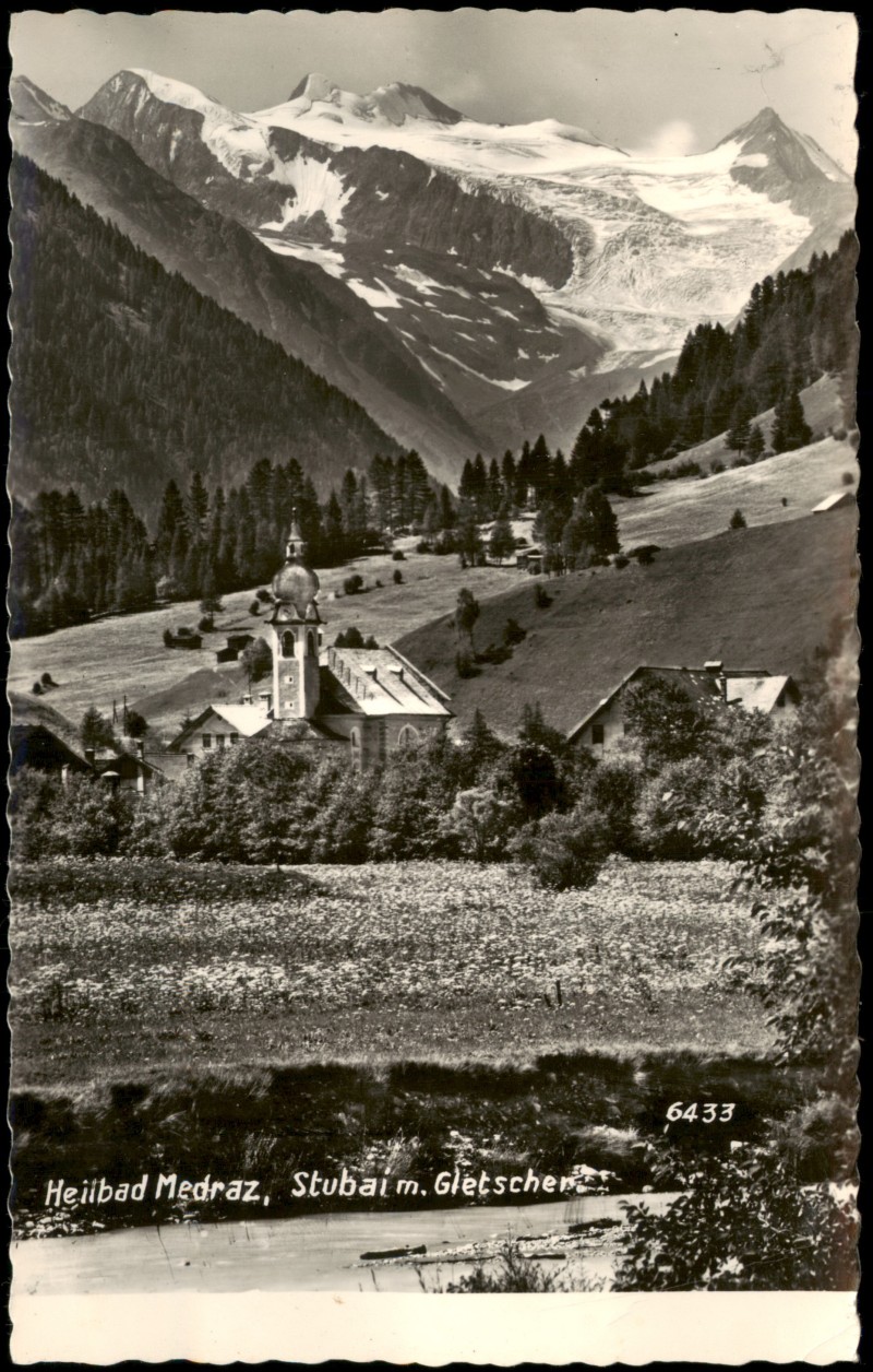 zoom: Image side vintage Postcard from 1955: Heilbad Medraz, Stubai mit Gletscher:: Medraz