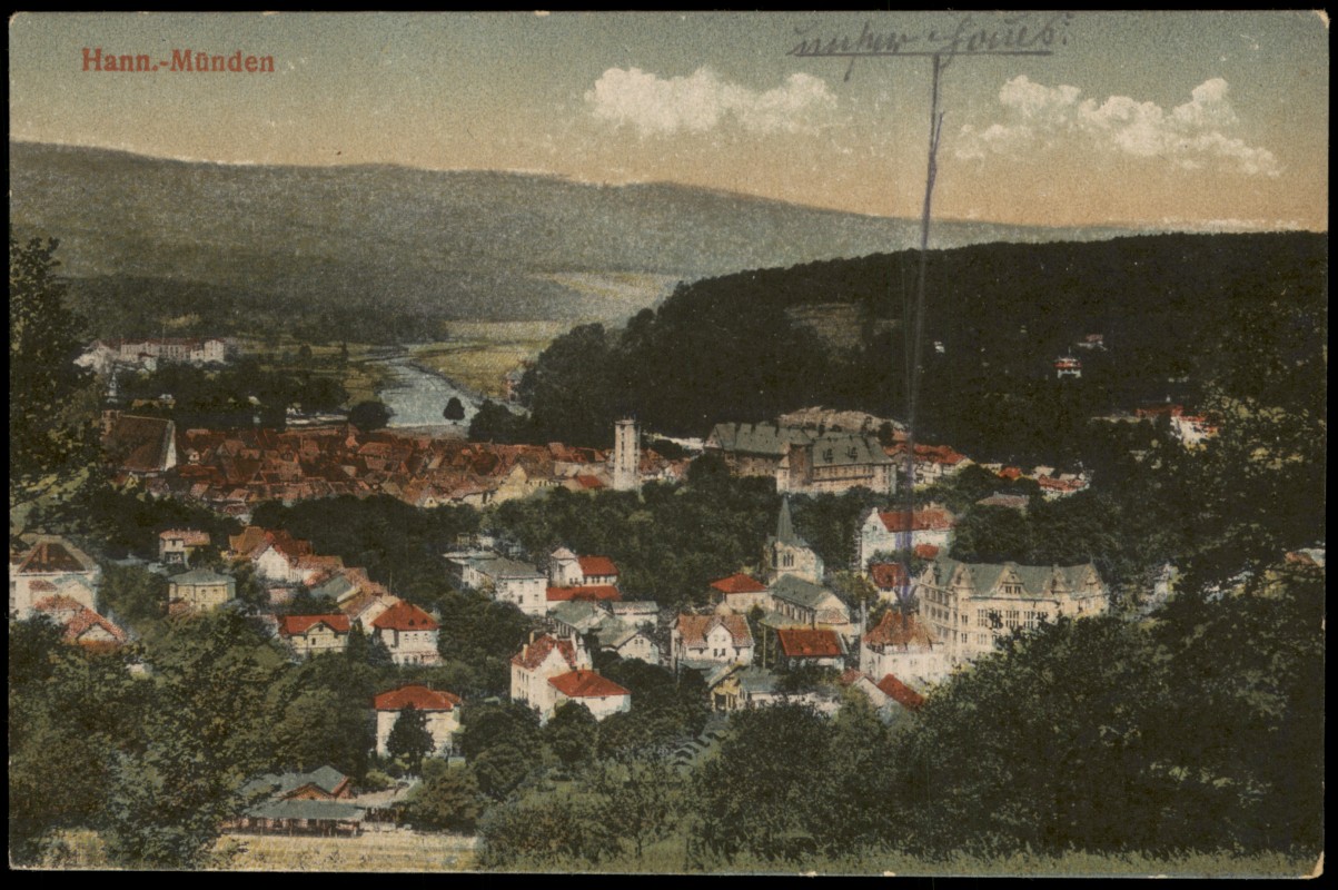 vergrößern: Bildseite historische Ansichtskarte von 1910: Panorama-Ansicht:: Hann. Münden