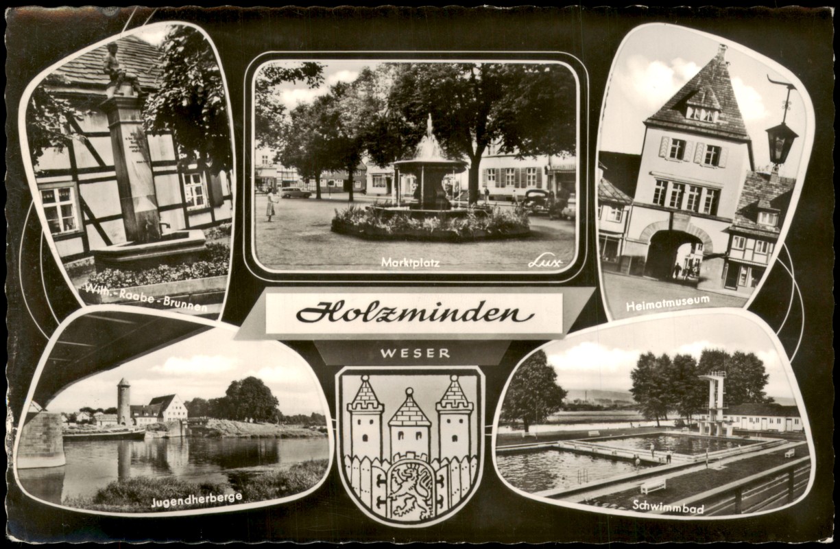 vergrößern: Bildseite historische Ansichtskarte von 1963: Mehrbild-AK u.a. mit Jugendherberge Marktplatz Heimatmuseum:: Holzminden