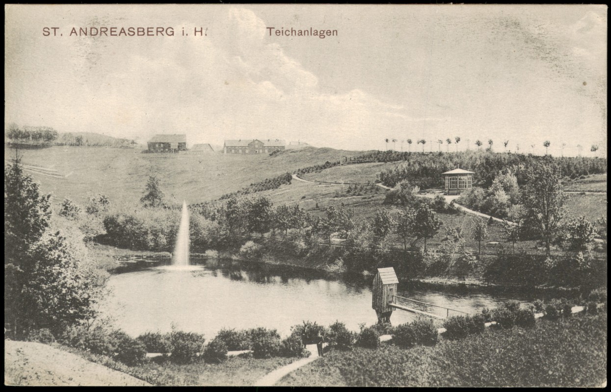 zoom: Image side vintage Postcard from 1908: Teichanlagen Panoramaansicht ST. ANDREASBERG i. H:: Sankt Andreasberg-Braunlage