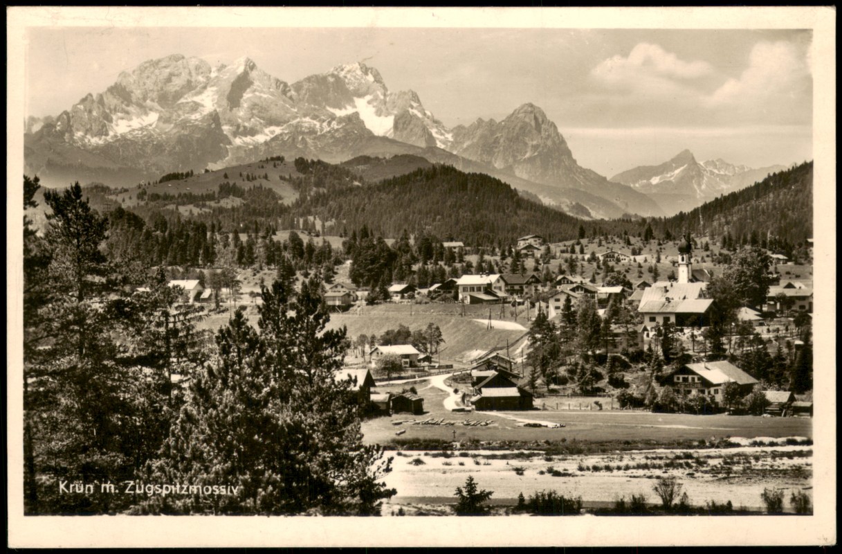 vergrößern: Bildseite historische Ansichtskarte von 1955: Krün m. Zugspitzmassiv Panorama:: Grainau