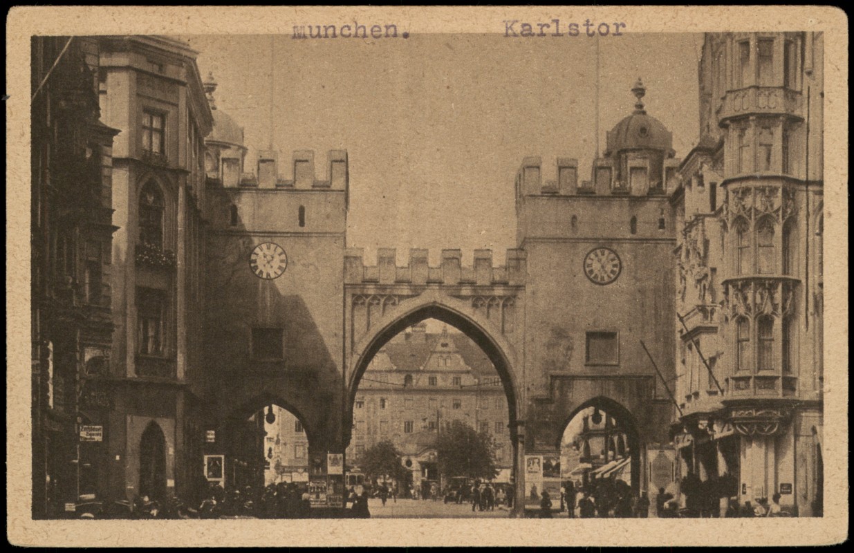 vergrößern: Bildseite historische Ansichtskarte von 1920: Karlstor MÜNCHEN Grossaufnahme:: München