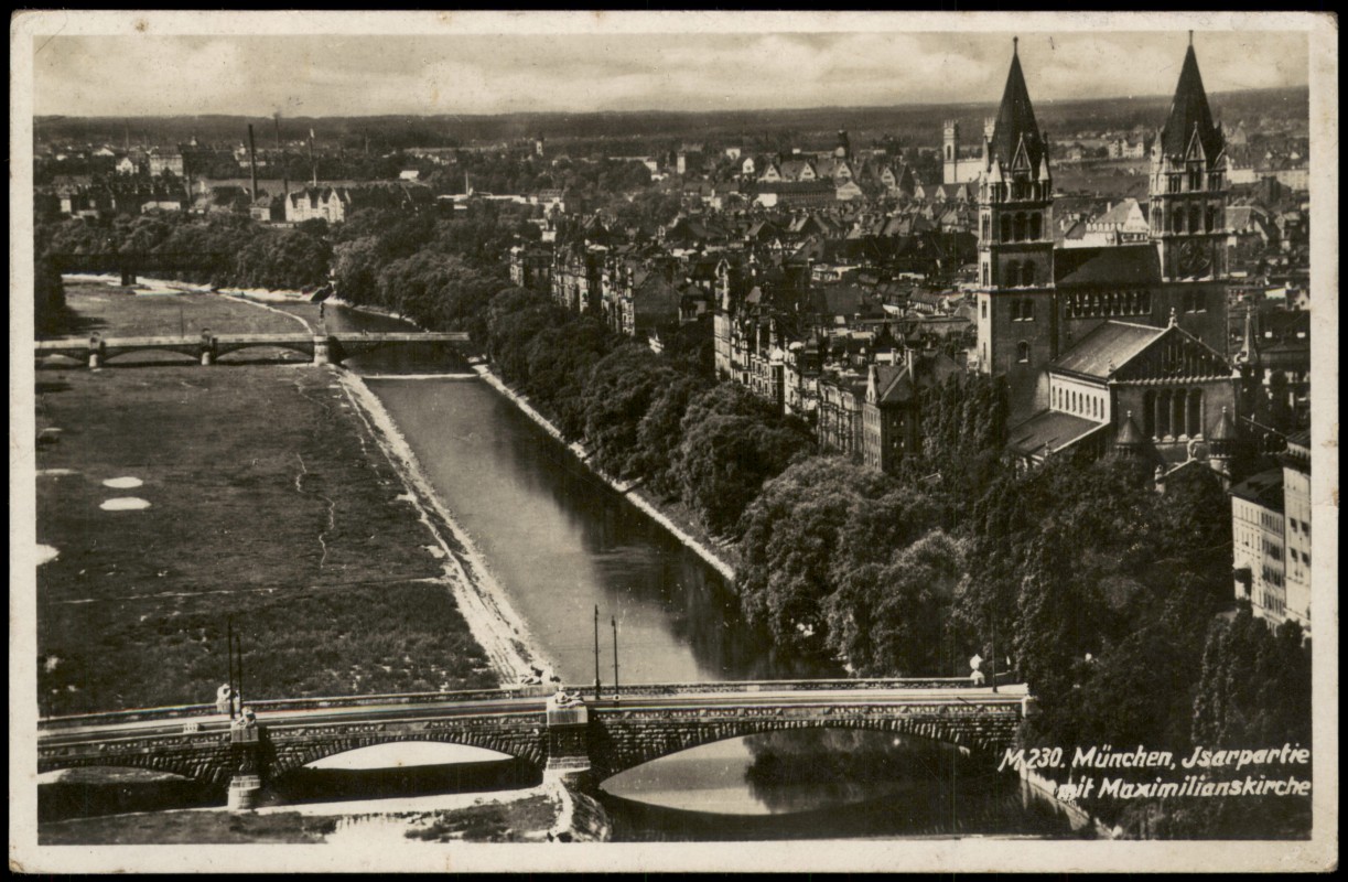 zoom: Image side vintage Postcard from 1950: Maximilianskirche mit Isarpartie Panorama:: Munich