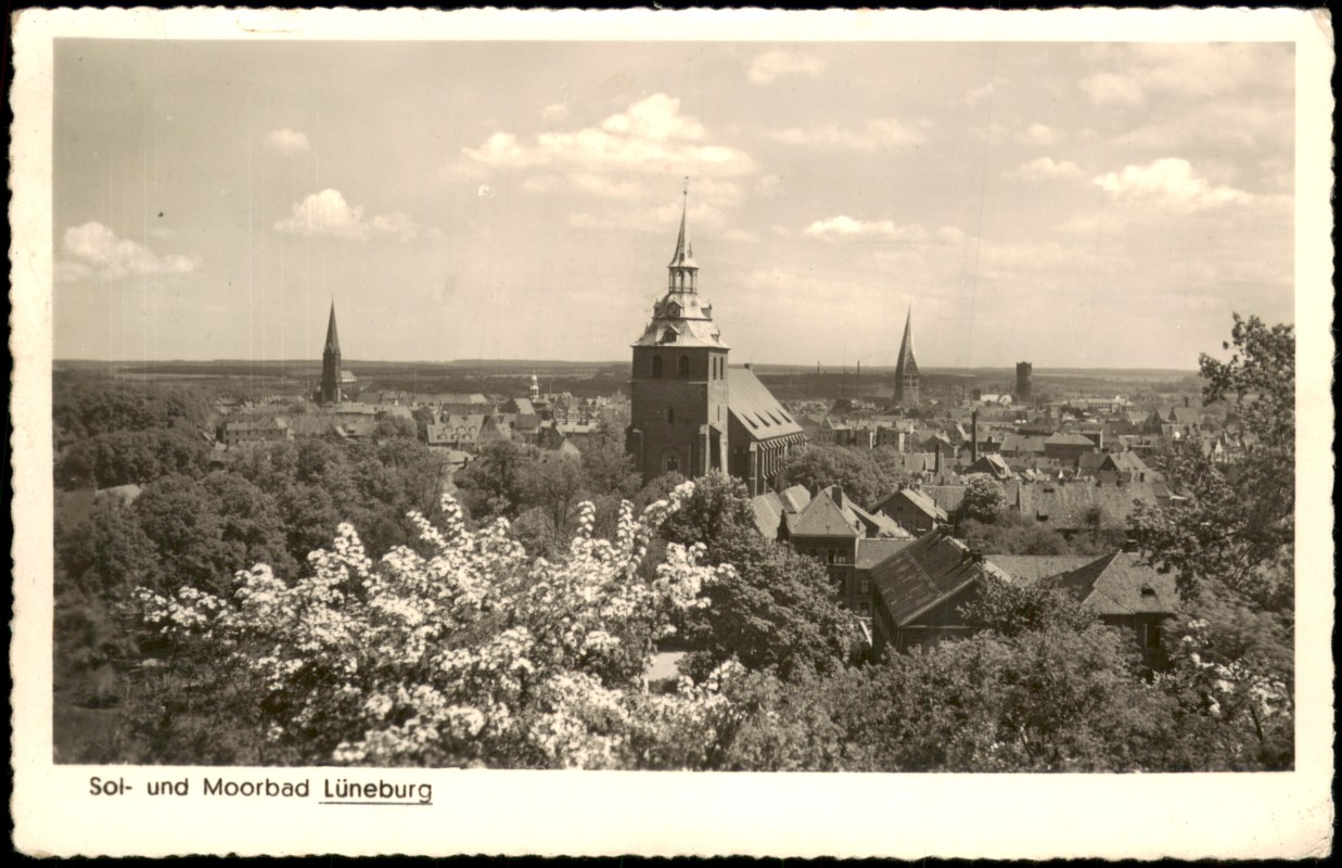 zoom: Image side vintage Postcard from 1950: Sol- und Moorbad Lüneburg von Oben:: Lüneburg