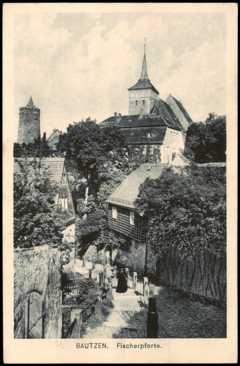 vergrößern: Bildseite historische Ansichtskarte von 1910: Stadtteilansicht Partie an der Fischerpforte:: Bautzen