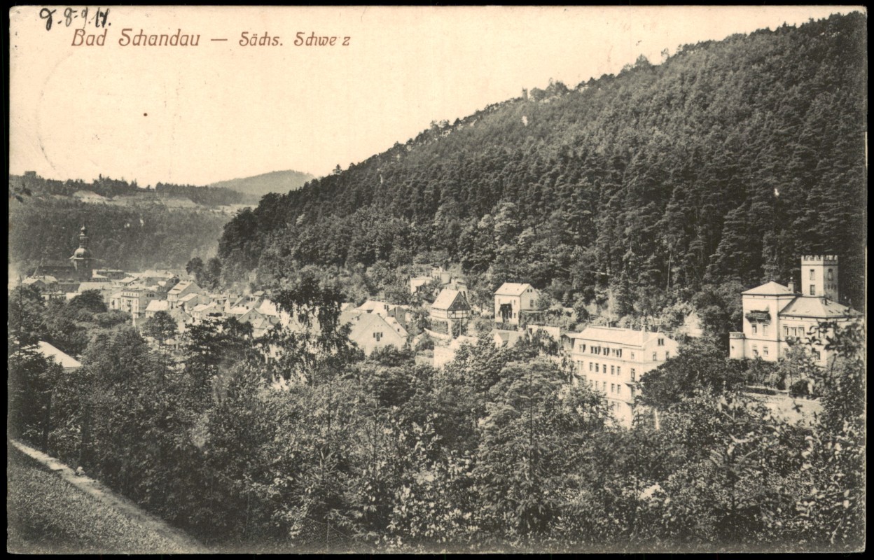 zoom: Image side vintage Postcard from 1917: Panorama-Ansicht, Orts-Teilansicht:: Bad Schandau