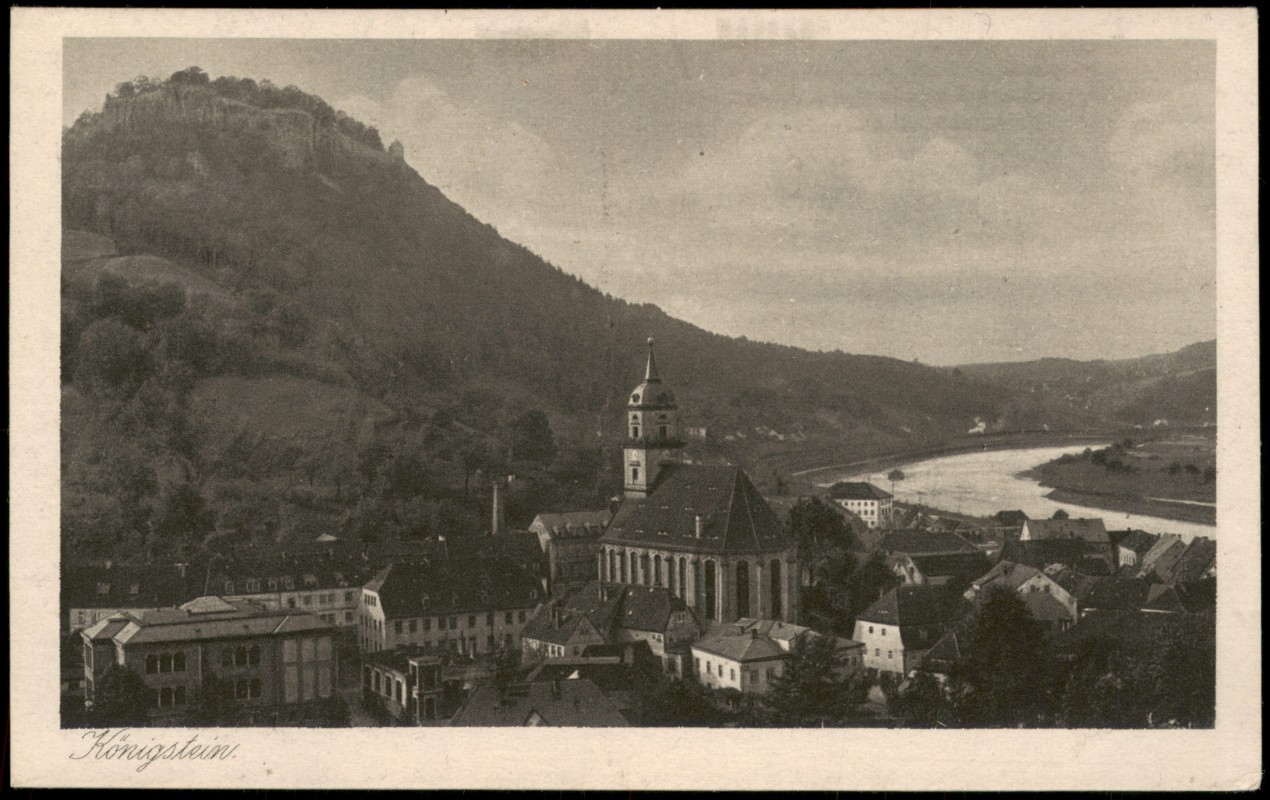 vergrößern: Bildseite historische Ansichtskarte von 1920: Panorama Königstein EchteKupfertiefdruck- Karte:: Königstein (Sächsische Schweiz)