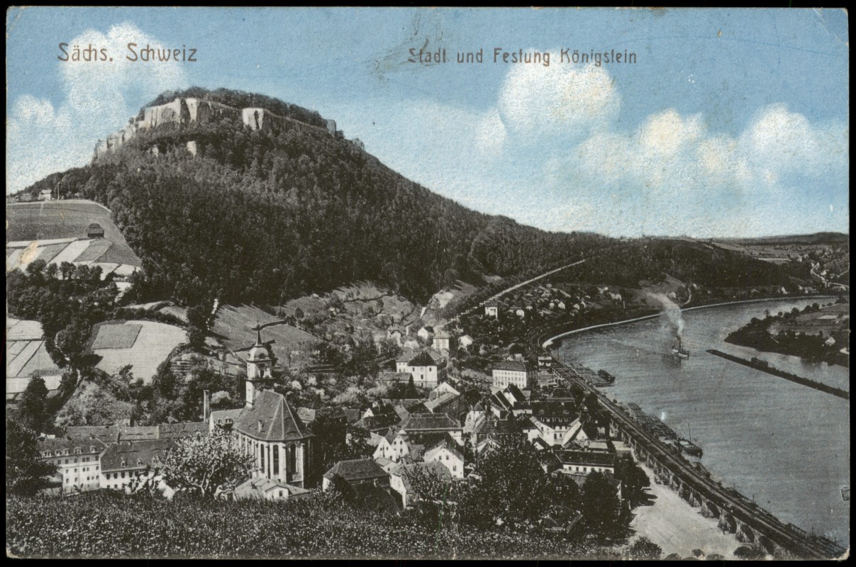 vergrößern: Bildseite historische Ansichtskarte von 1920: Stadt und Festung Königstein Sächsische Schweiz Farb Panorama:: Königstein (Sächsische Schweiz)
