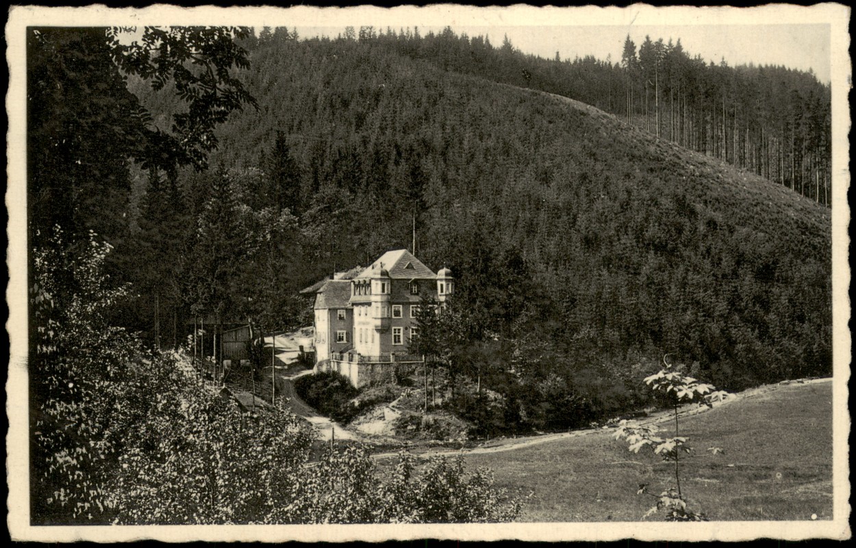 vergrößern: Bildseite historische Ansichtskarte von 1933: Gasthaus und Sommerfrische Fels Schübelhammer i. wilden Rodachtal:: Hölle im Frankenwald