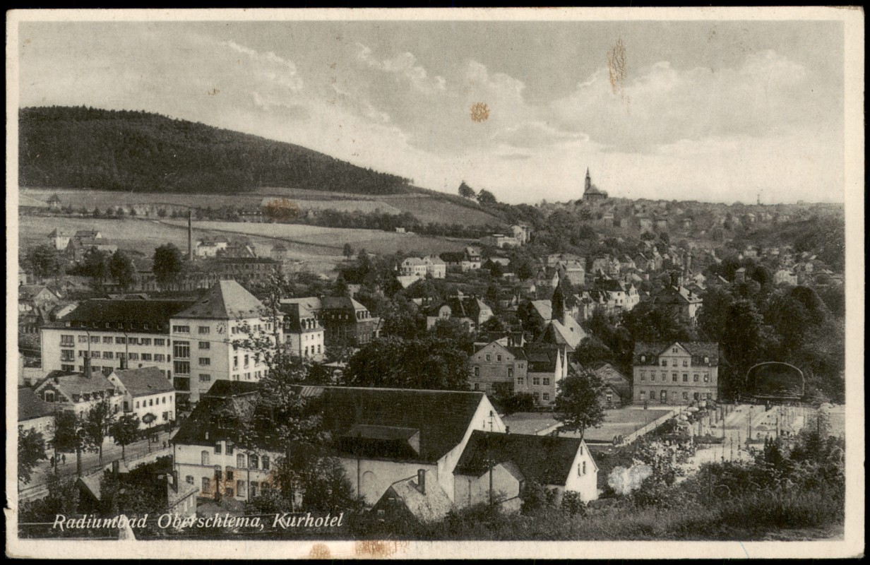 zoom: Image side vintage Postcard from 1937: Panorama-Ansicht mit Kurhotel:: Oberschlema-Bad Schlema