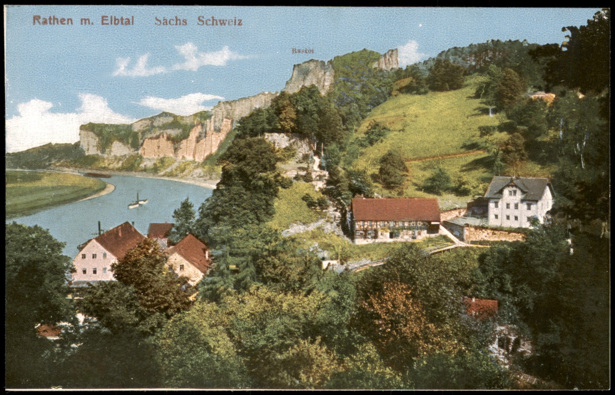 vergrößern: Bildseite historische Ansichtskarte von 1910: Panorama-Ansicht Elbe Elbtal:: Rathen