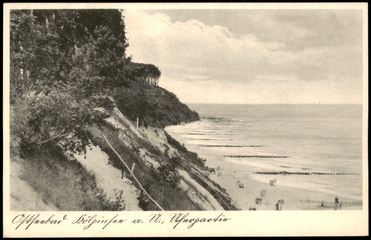 vergrößern: Bildseite historische Ansichtskarte von 1939: Ostseebad Kölpinsee auf Usedom markante Steilufer und den Strand:: Usedom