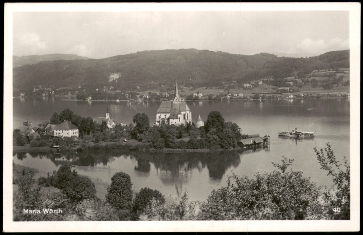 zoom: Image side vintage Postcard from 1938: Panorama-Ansichten Maria Wörth - Seeblick:: Otok