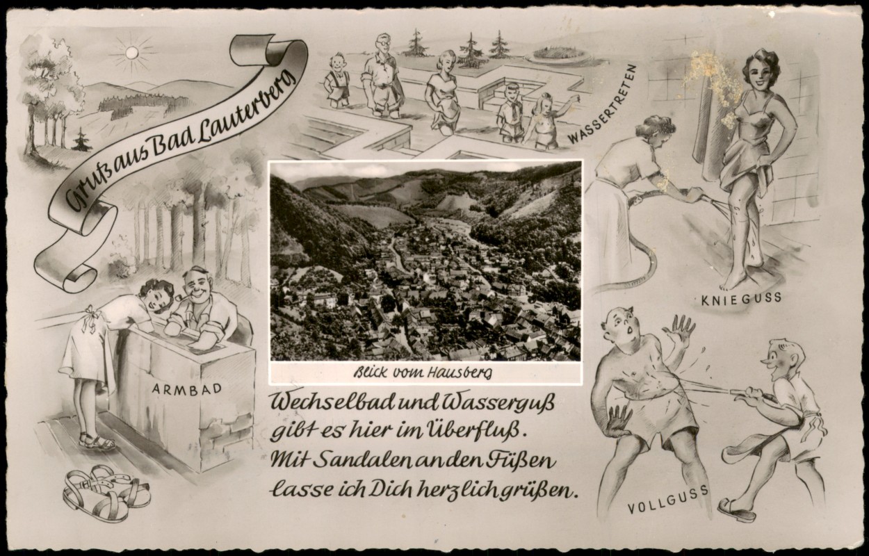 vergrößern: Bildseite historische Ansichtskarte von 1953: Kur-Anwendungen und Blick vom Hausberg:: Bad Lauterberg im Harz
