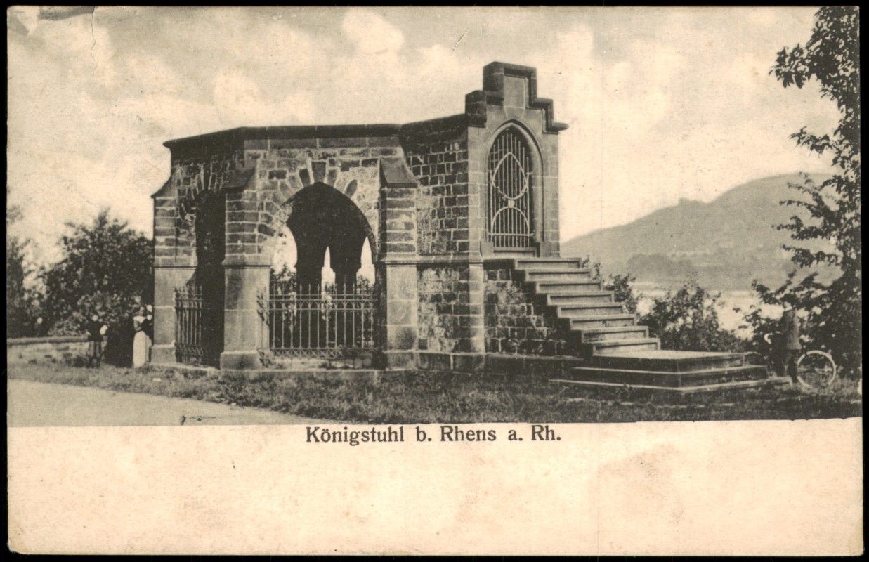 vergrößern: Bildseite historische Ansichtskarte von 1910: Königstuhl Rehns am Rhein Grossaufnahme:: Rhens