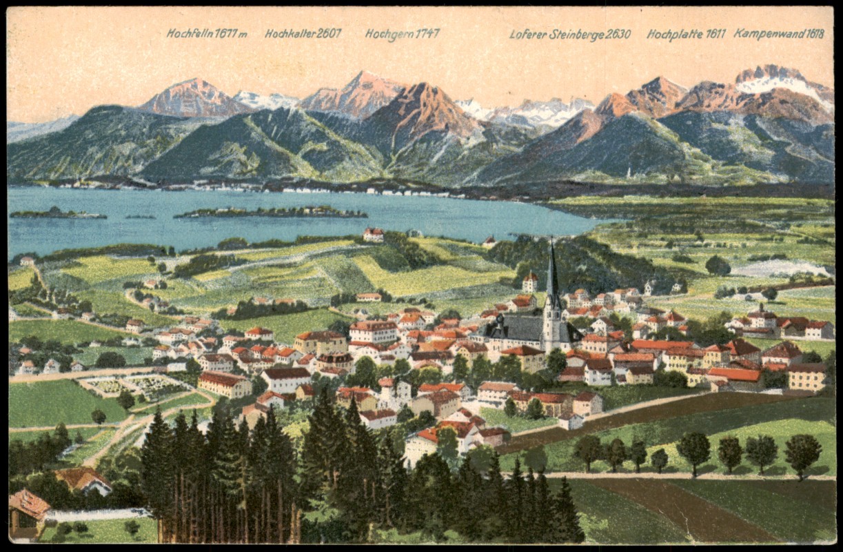 vergrößern: Bildseite historische Ansichtskarte von 1920: Ansichten Prien am Chiemsee Hochfelln - Hochkaller - Hochgern - Loferer Steinberge - Hochplatte - Kampenwand:: Prien