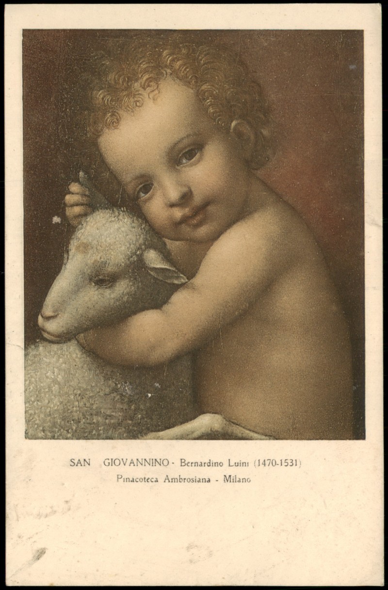 vergrößern: Bildseite historische Ansichtskarte von 1930: Kunstwerk (San Giovannino) Bernardino Luini - nacoteca Ambrosiana in Mailand:: Mailand