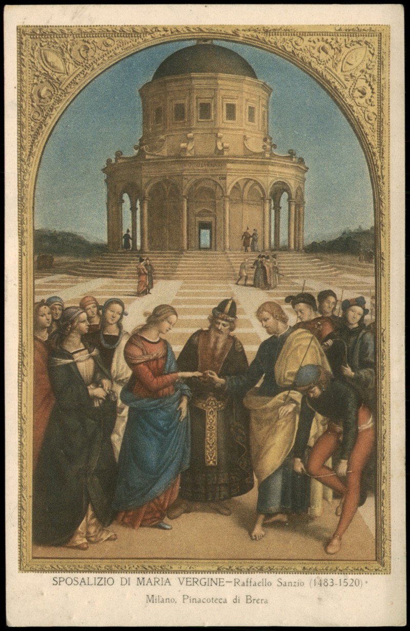 vergrößern: Bildseite historische Ansichtskarte von 1930: Kunstwerk (Sposalizio di Maria Vergine) - Raffael - Pinacoteca di Brera in Mailand (Milano):: Mailand
